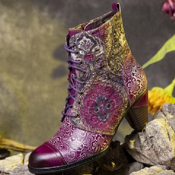 Halbhohe Retro Stiefel Aus Echtem Leder Mit Blumenmuster Für Damen