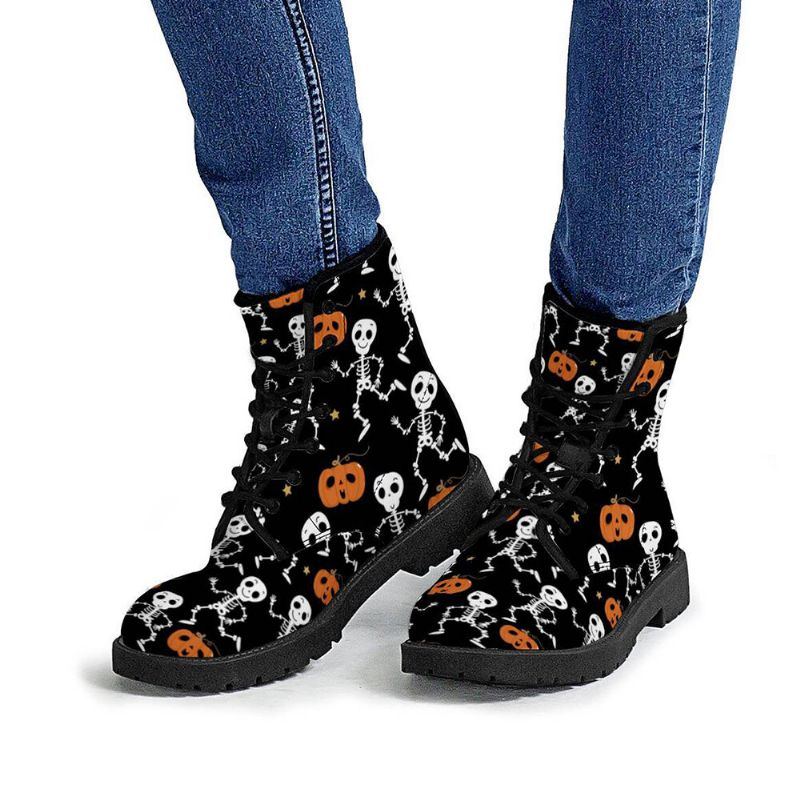 Halloween Damen Lustiger Skelett Kürbis Der Martin Stiefel Aus Weichem Gummi Mit Rutschfester Außensohle Bedruckt