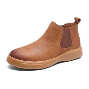 Herren Bequemer Rindsleder Rutschfester Elastischer Slip On Lässige Chelsea Stiefel