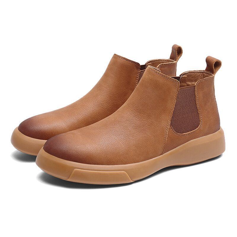 Herren Bequemer Rindsleder Rutschfester Elastischer Slip On Lässige Chelsea Stiefel