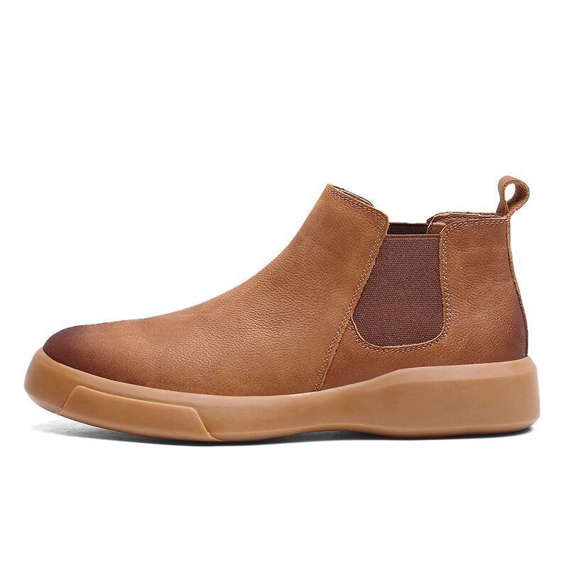 Herren Bequemer Rindsleder Rutschfester Elastischer Slip On Lässige Chelsea Stiefel