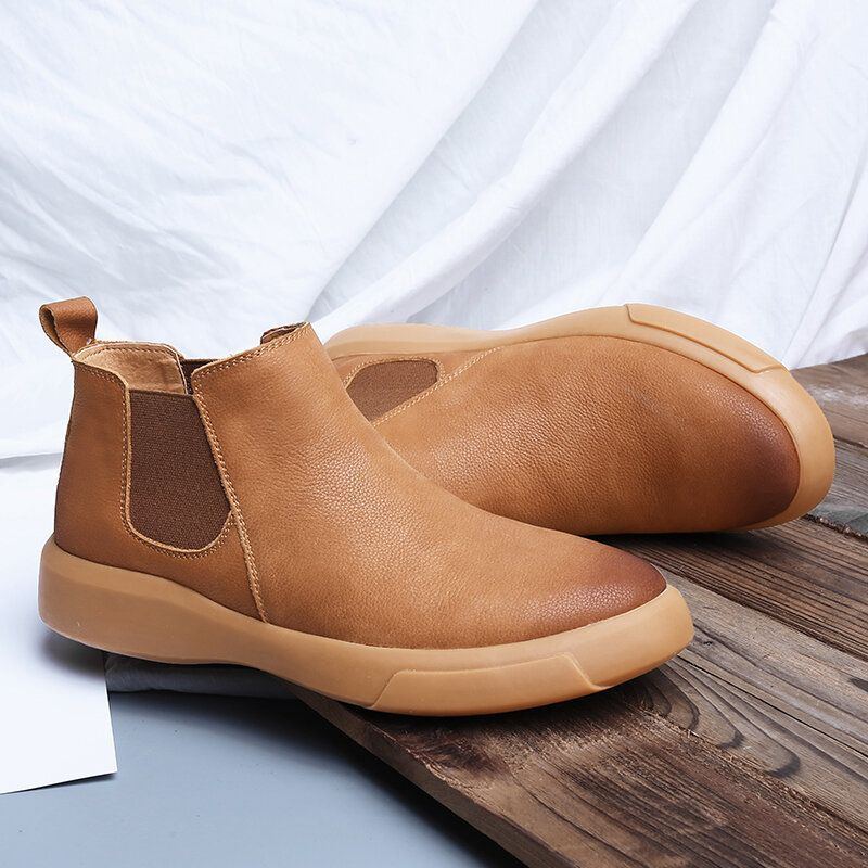 Herren Bequemer Rindsleder Rutschfester Elastischer Slip On Lässige Chelsea Stiefel