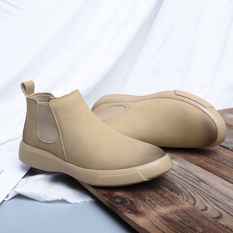 Herren Bequemer Rindsleder Rutschfester Elastischer Slip On Lässige Chelsea Stiefel