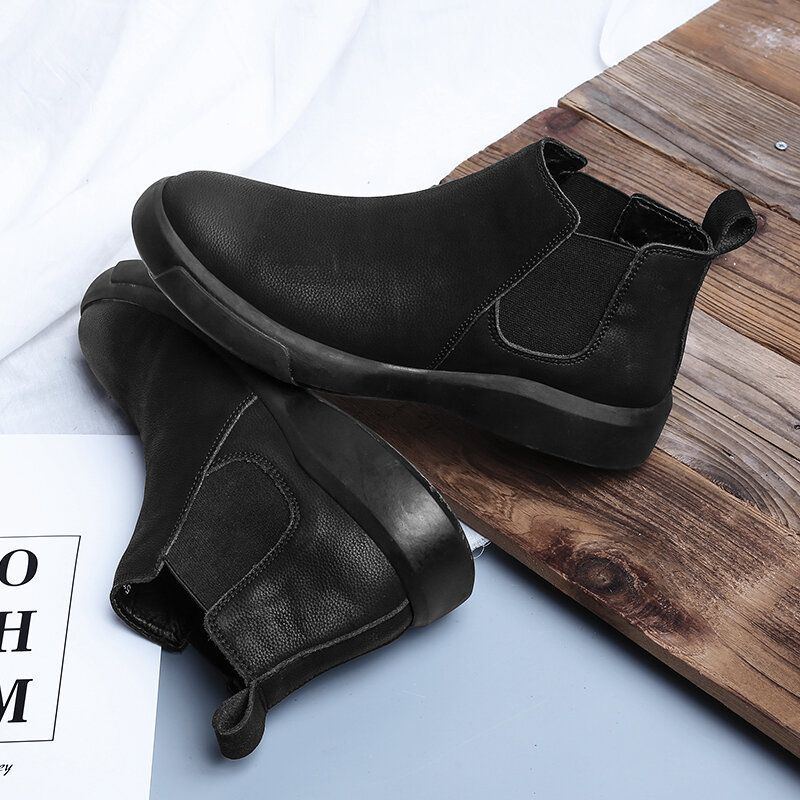 Herren Bequemer Rindsleder Rutschfester Elastischer Slip On Lässige Chelsea Stiefel