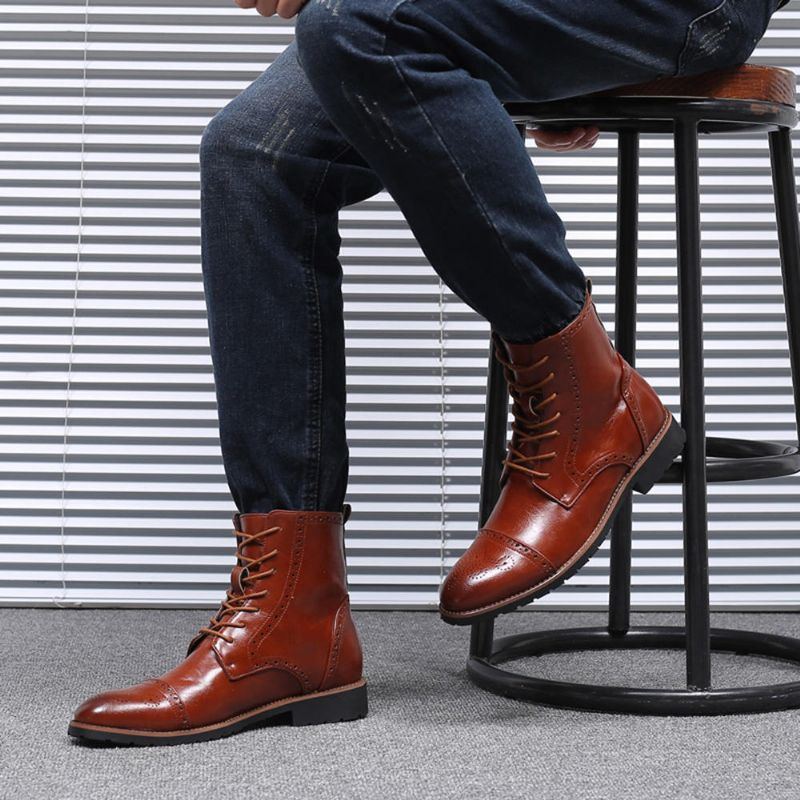 Herren Brogue Klassische Cowboy Schnürstiefel Wadenmitte