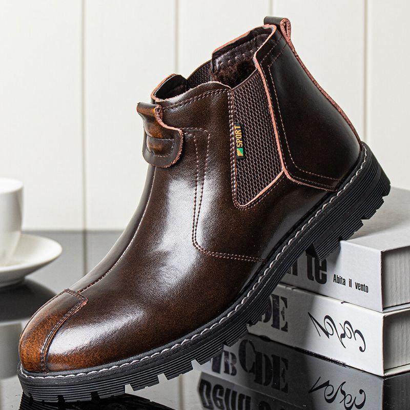 Herren Echtleder Slip On Rutschschutz Plus Warme Chelsea Stiefel Aus Samt Martin Stiefel