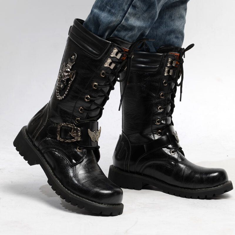 Herren High Top Motorradstiefel Mit Rutschfester Metallverzierung