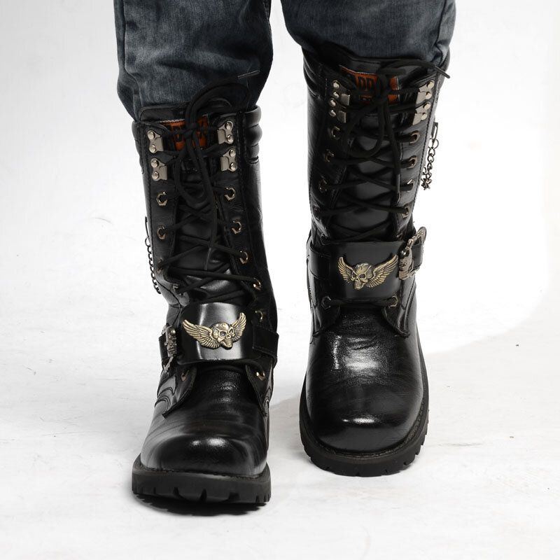 Herren High Top Motorradstiefel Mit Rutschfester Metallverzierung