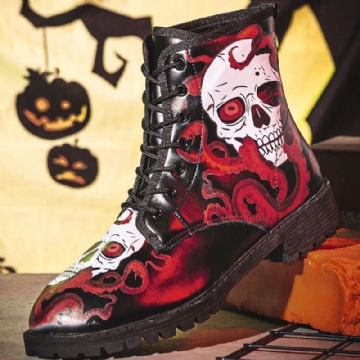 Herren Leder Halloween Weiche Sohle Runde Zehenplattform Schädeldruck Bequeme Freizeitstiefel