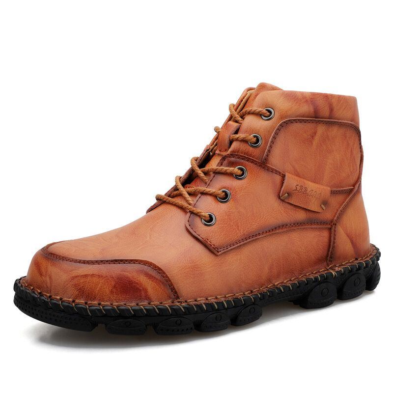 Herren Outdoor Bequeme Runde Zehe Lässige Handsitzende High Top Lederstiefel