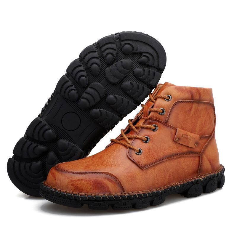 Herren Outdoor Bequeme Runde Zehe Lässige Handsitzende High Top Lederstiefel