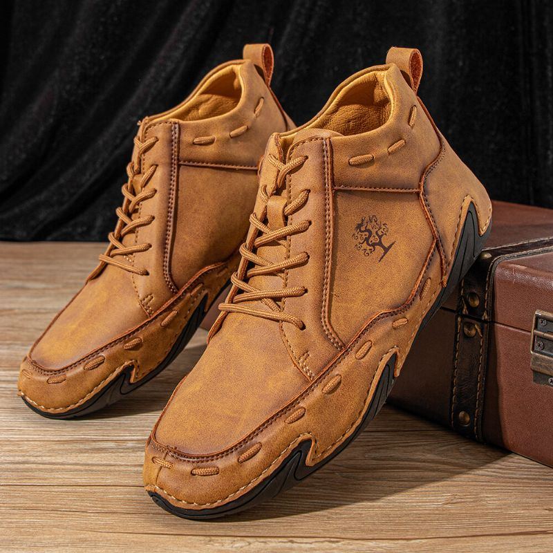 Herren Retro Handnähte Leder Rutschfeste Weiche Schnürstiefeletten