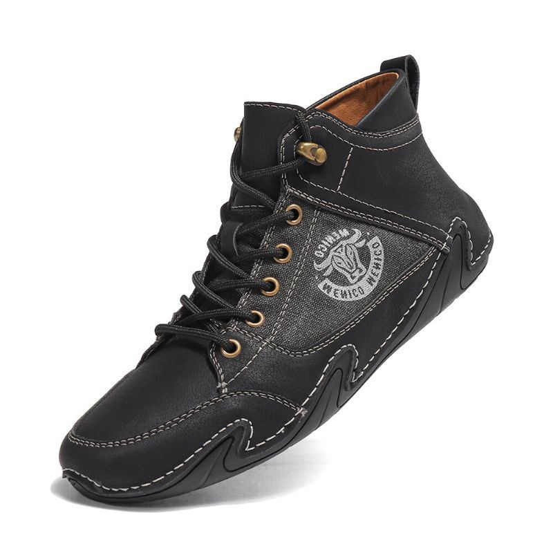 Herren Retro Mikrofaser Leder Handnähte Canvas Soft Laue Up Driving Stiefeletten