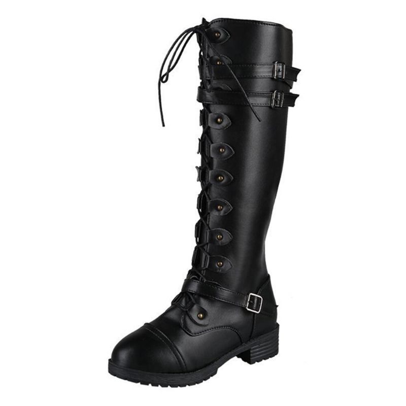 Kniehohe Damen Reitstiefel Mit Runder Zehenpartie Und Kreuzriemen Und Klobigem Absatz