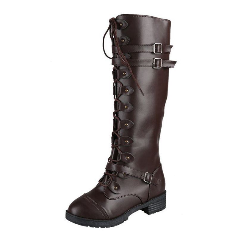 Kniehohe Damen Reitstiefel Mit Runder Zehenpartie Und Kreuzriemen Und Klobigem Absatz