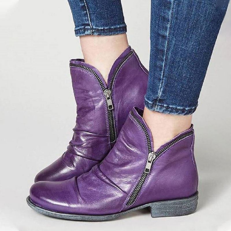 Lässige Flache Ankle Boots Für Damen In Großen Größen Einfarbig Seitlicher Reißverschluss