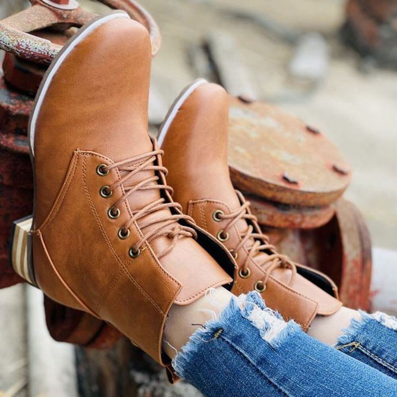 Lässige Flache Braune Damenstiefel Mit Seitenreißverschluss In Großen Größen