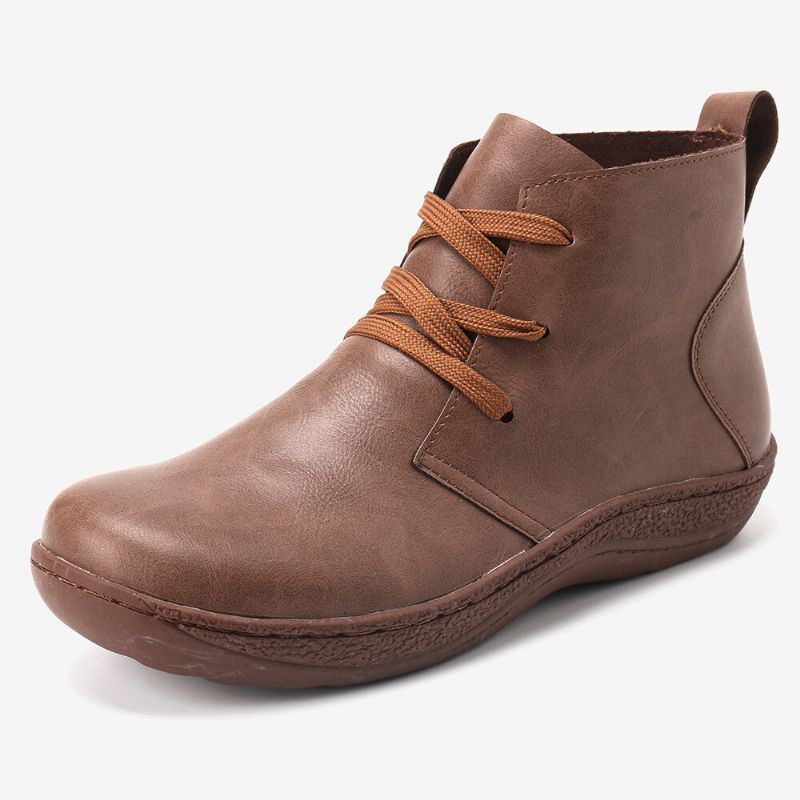 Lässige Retro Lederstiefeletten In Reiner Farbe Mit Niedrigem Absatz Für Damen