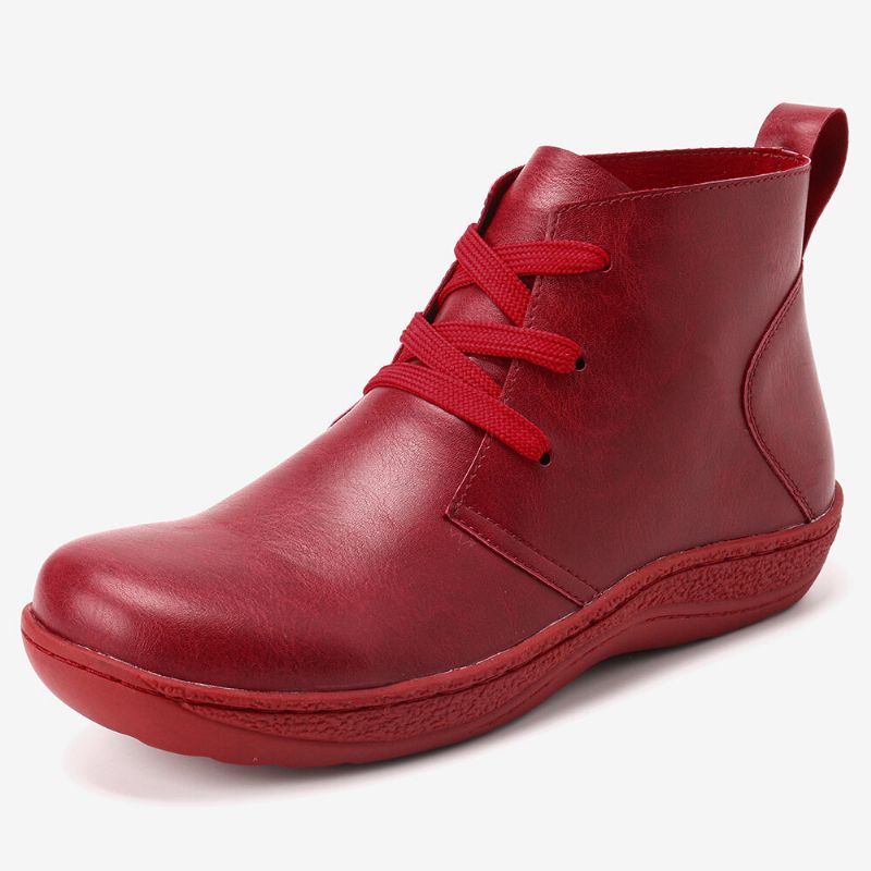 Lässige Retro Lederstiefeletten In Reiner Farbe Mit Niedrigem Absatz Für Damen