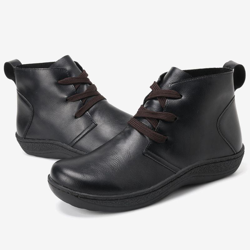 Lässige Retro Lederstiefeletten In Reiner Farbe Mit Niedrigem Absatz Für Damen