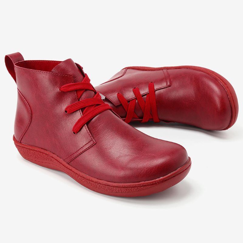 Lässige Retro Lederstiefeletten In Reiner Farbe Mit Niedrigem Absatz Für Damen