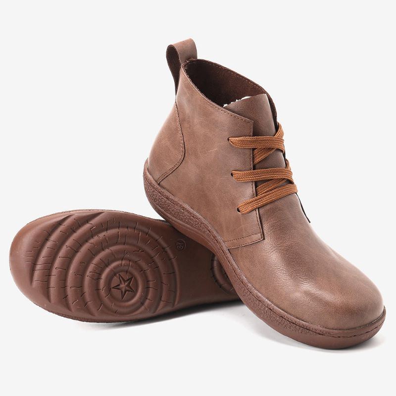 Lässige Retro Lederstiefeletten In Reiner Farbe Mit Niedrigem Absatz Für Damen