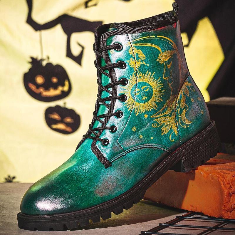 Herren Leder Halloween Lustiger Druck Weiche Sohle Runde Zehenschnürung Lässige Plateaustiefel