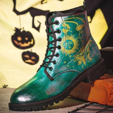 Herren Leder Halloween Lustiger Druck Weiche Sohle Runde Zehenschnürung Lässige Plateaustiefel