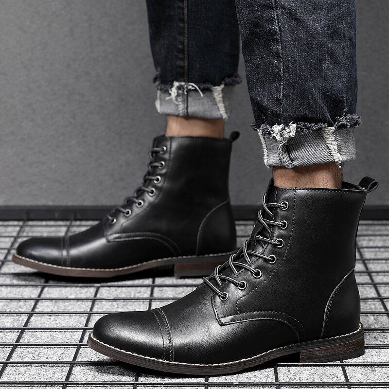 Herren Retro Handgefertigte Cap Toe Leder Formal Dress Boots Im Britischen Stil