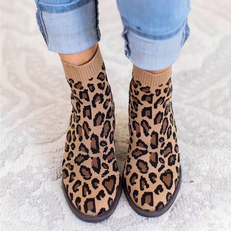 Plus Size Damen Atmungsaktiver Strickstoff Leopard Chunky Heel Short Boots