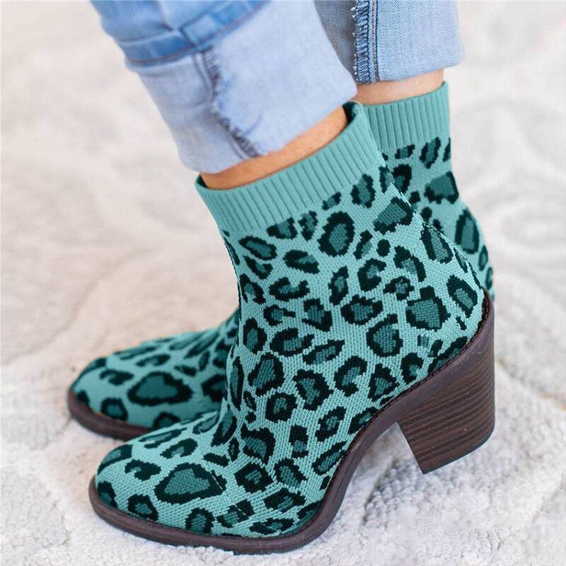 Plus Size Damen Atmungsaktiver Strickstoff Leopard Chunky Heel Short Boots