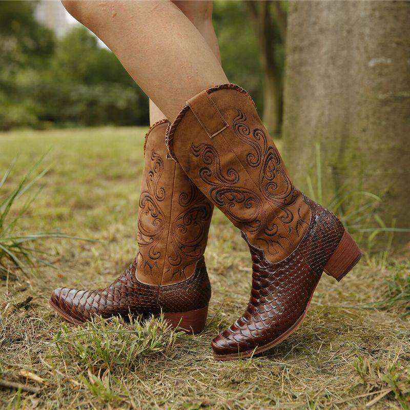 Plus Size Damen Bestickte Splicing Chunky Heel Cowboystiefel Mit Mittlerer Wade