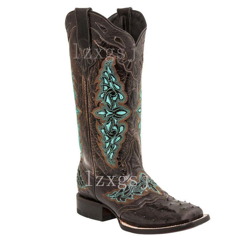 Plus Size Damen Retro Blumen Bestickte Mid Calf Cowboystiefel