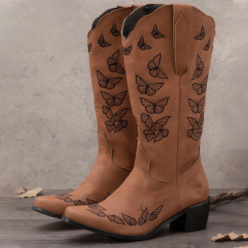 Plus Size Damen Retro Butterfly Bestickte Mid Calf Cowboy Boots