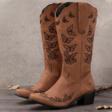 Plus Size Damen Retro Butterfly Bestickte Mid Calf Cowboy Boots