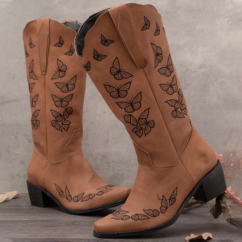 Plus Size Damen Retro Butterfly Bestickte Mid Calf Cowboy Boots