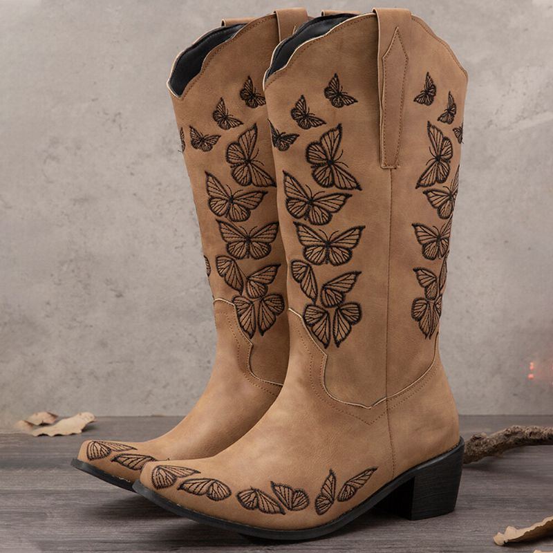 Plus Size Damen Retro Butterfly Bestickte Mid Calf Cowboy Boots