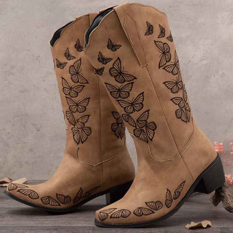 Plus Size Damen Retro Butterfly Bestickte Mid Calf Cowboy Boots