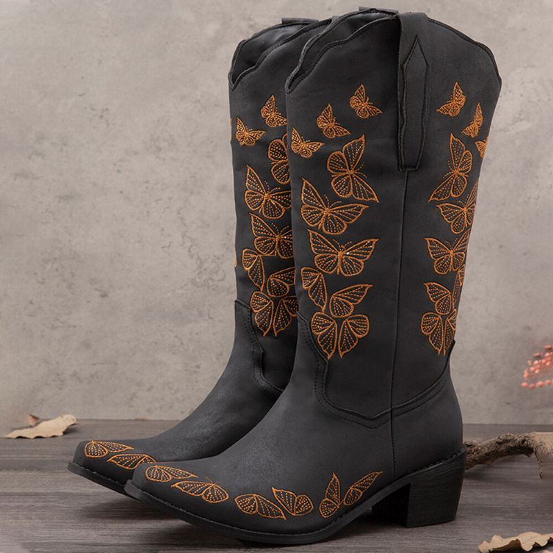 Plus Size Damen Retro Butterfly Bestickte Mid Calf Cowboy Boots