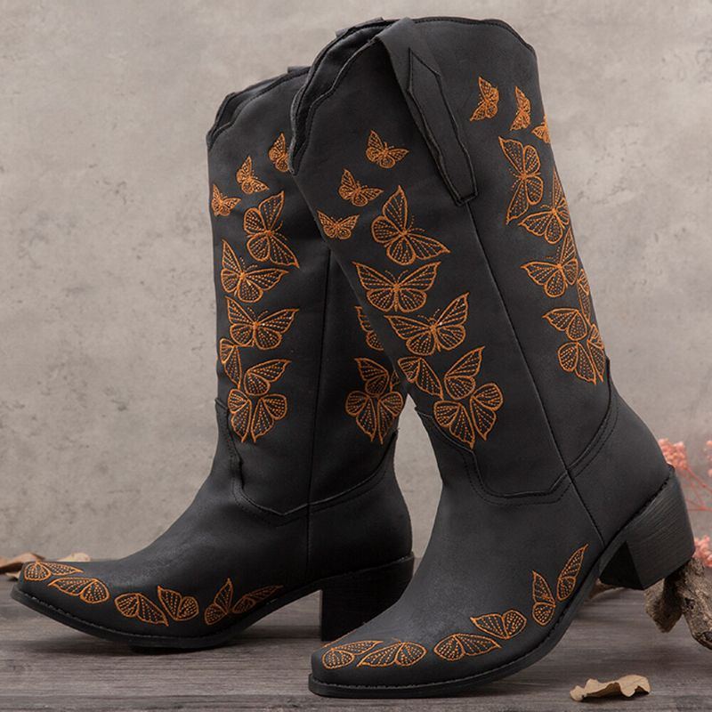 Plus Size Damen Retro Butterfly Bestickte Mid Calf Cowboy Boots