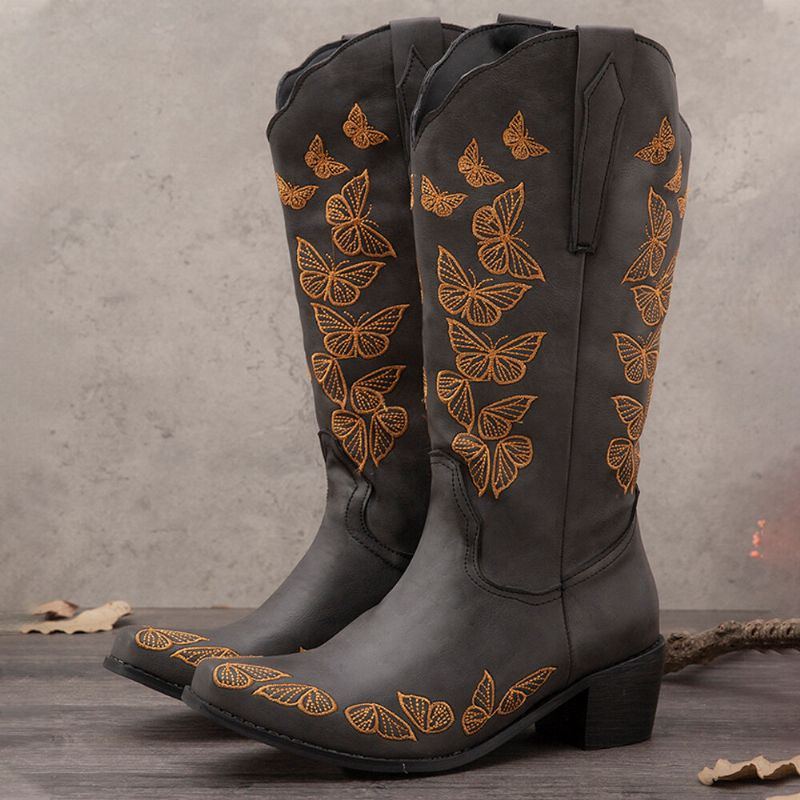 Plus Size Damen Retro Butterfly Bestickte Mid Calf Cowboy Boots