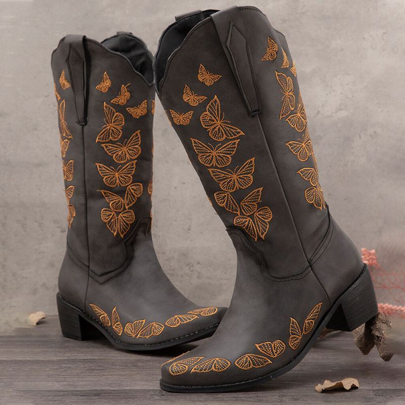 Plus Size Damen Retro Butterfly Bestickte Mid Calf Cowboy Boots