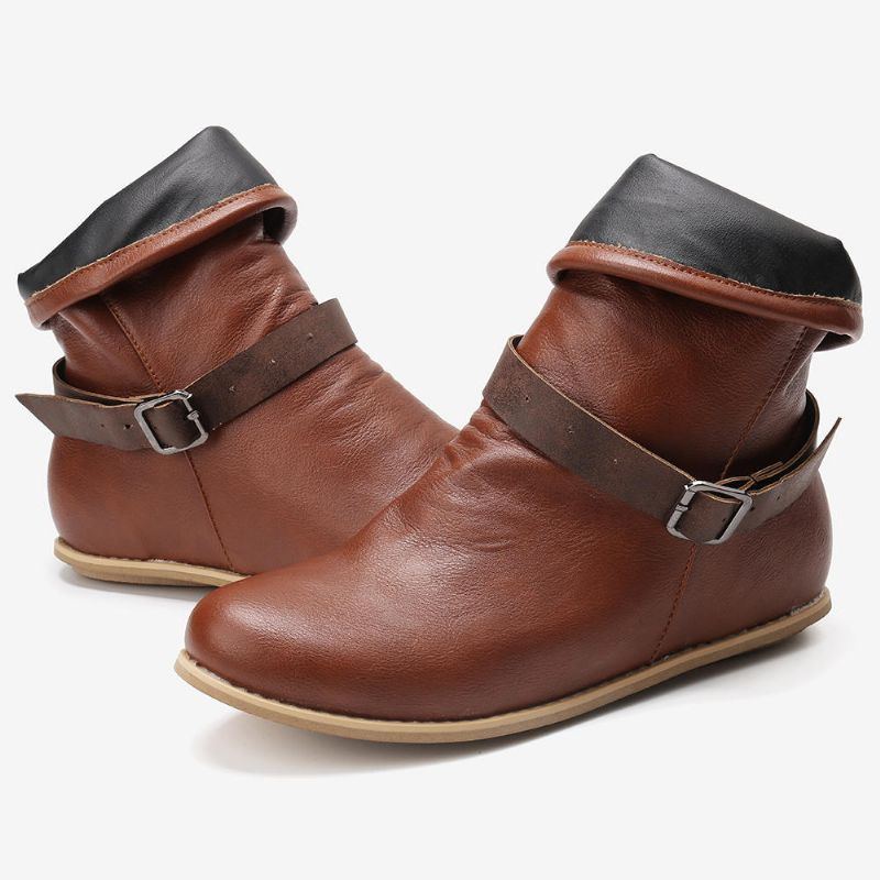 Plus Size Damen Retro Lederschnalle Gürtel Runde Zehen Flache Stiefeletten