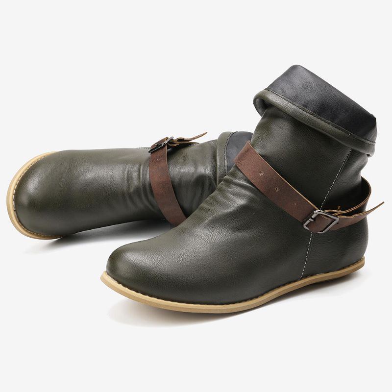 Plus Size Damen Retro Lederschnalle Gürtel Runde Zehen Flache Stiefeletten