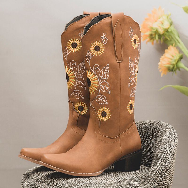 Plus Size Damen Retro Sonnenblume Bestickt Blockabsatz Mittelhohe Cowboystiefel