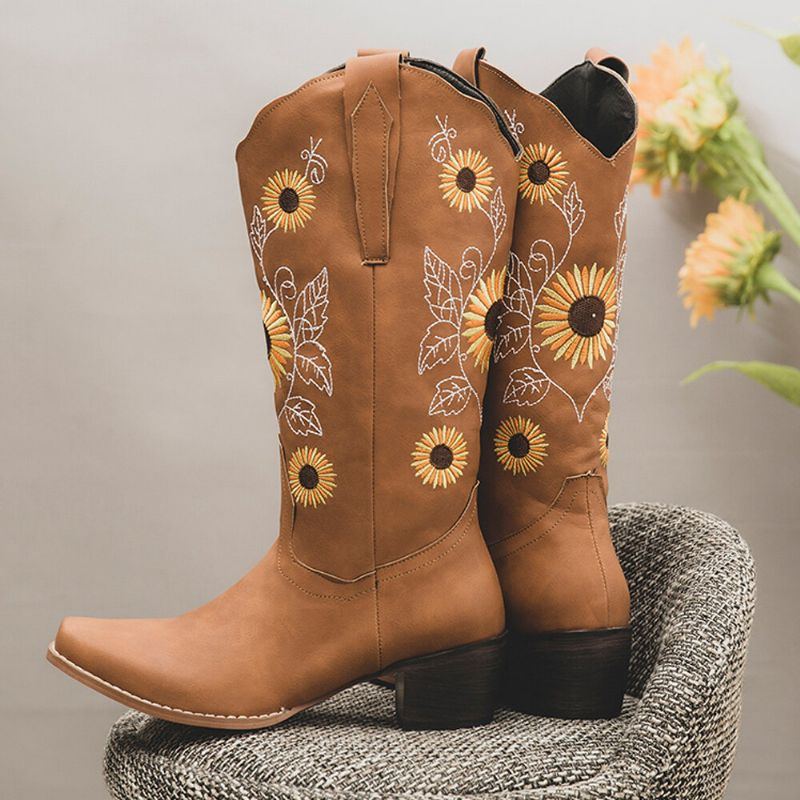 Plus Size Damen Retro Sonnenblume Bestickt Blockabsatz Mittelhohe Cowboystiefel