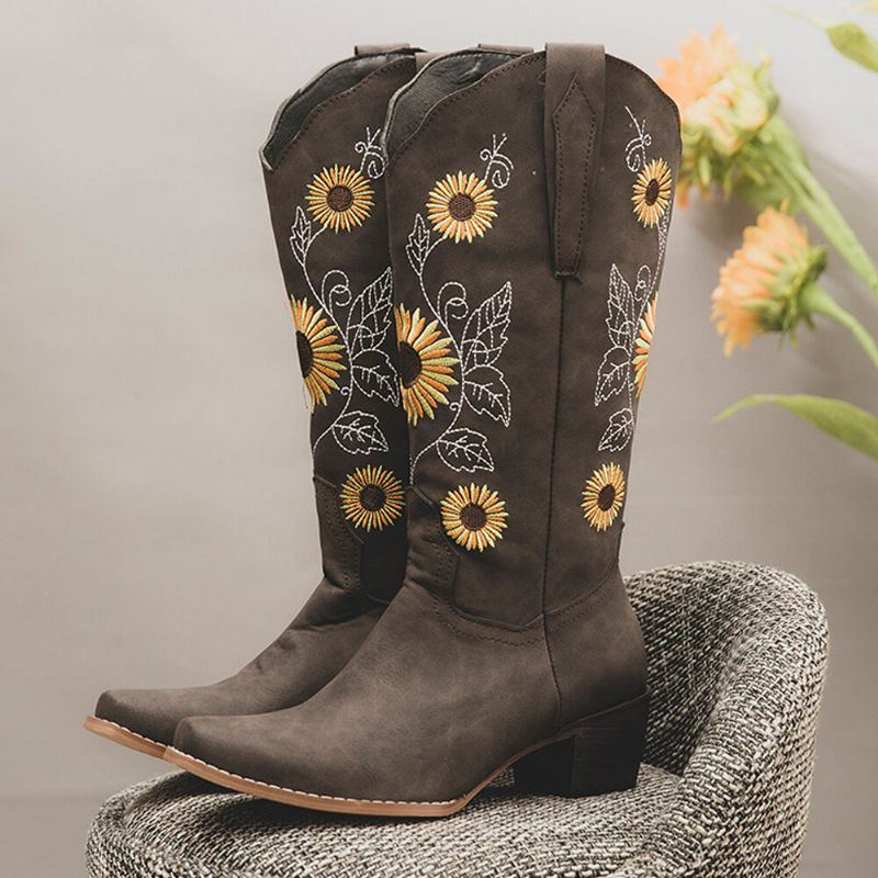 Plus Size Damen Retro Sonnenblume Bestickt Blockabsatz Mittelhohe Cowboystiefel