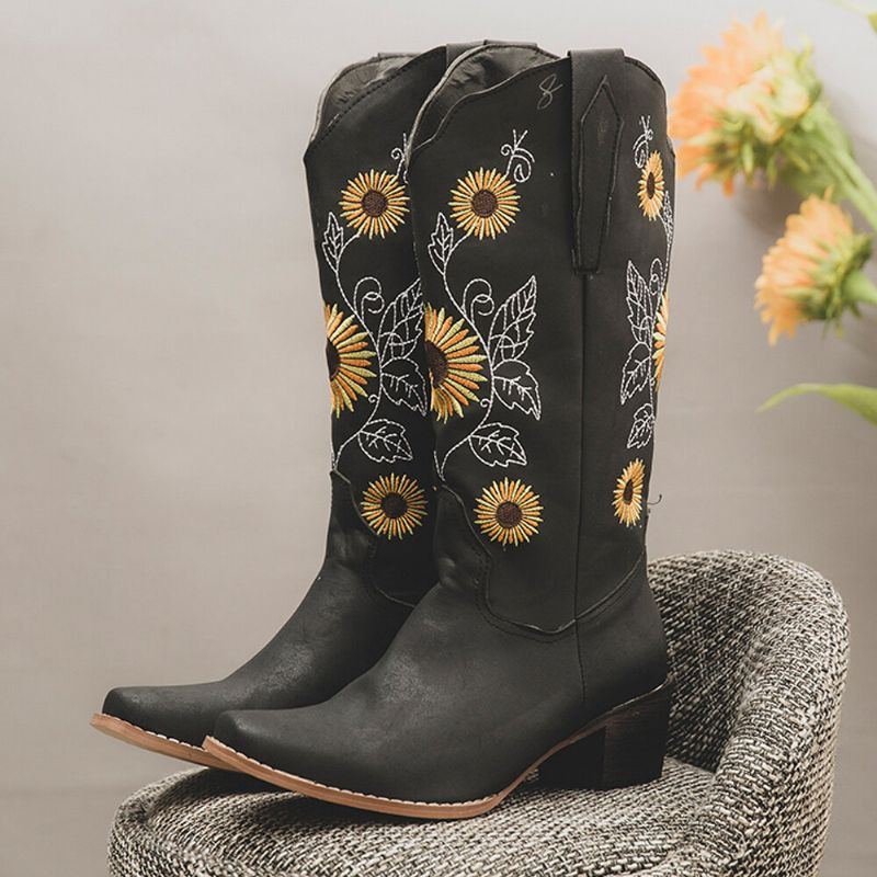 Plus Size Damen Retro Sonnenblume Bestickt Blockabsatz Mittelhohe Cowboystiefel