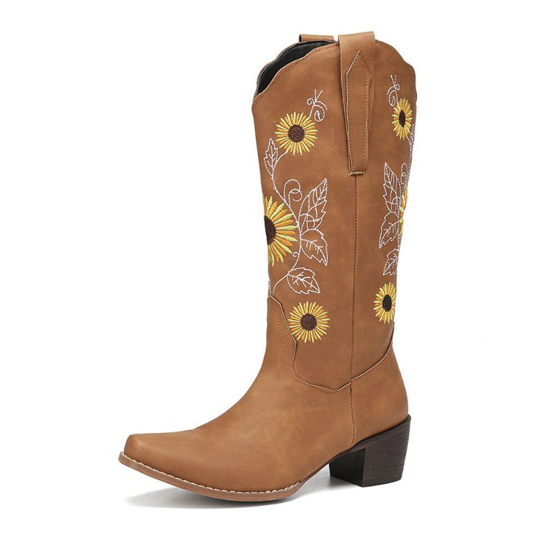 Plus Size Damen Retro Sonnenblume Bestickt Blockabsatz Mittelhohe Cowboystiefel