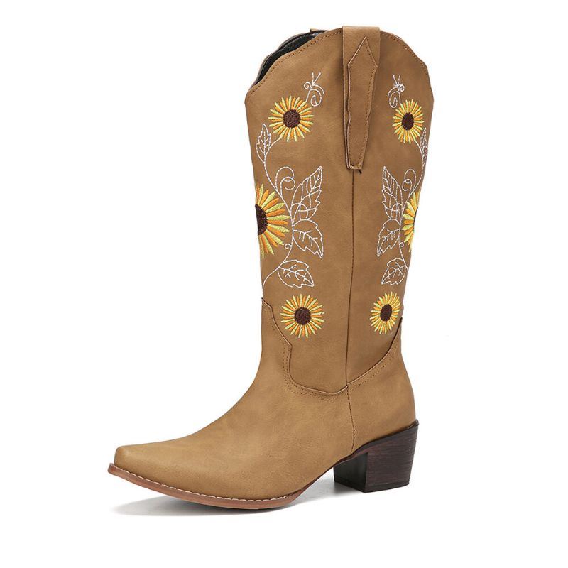 Plus Size Damen Retro Sonnenblume Bestickt Blockabsatz Mittelhohe Cowboystiefel